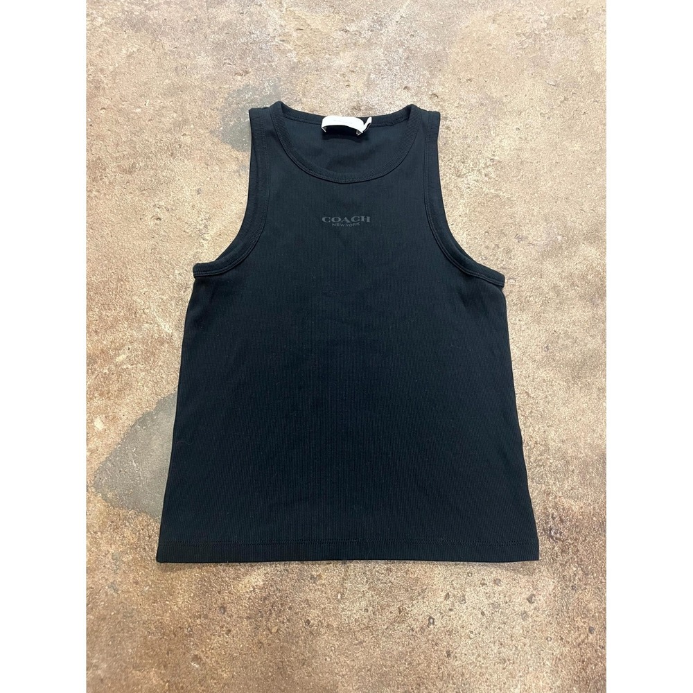 Coach New York Script Tank Top Womens Medium Black Subtle Ribbed Racerback Logo